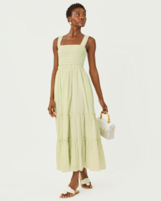 Hadly Smocked Maxi Dress, Pistachio Macaron X Conch Shell Pink Ltwt Oxford Stripe, large