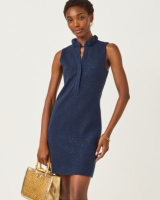 Elsey Shift Dress, Low Tide Navy Leafy Knit Pucker Jacquard, large