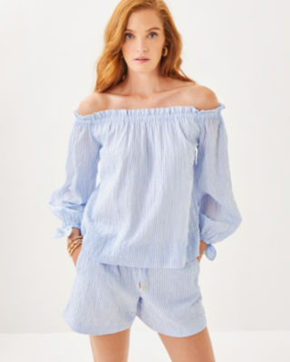 Jamielynn Off-the-Shoulder Top, Jacaranda Blue Ltwt Oxford Stripe, large image 1