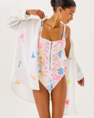 Kwitney Long Sleeve Cover-Up, Resort White Beachcomber Embroidery, large