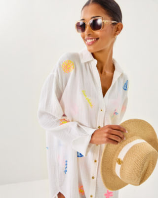 Kwitney Long Sleeve Cover-Up, Resort White Beachcomber Embroidery, large image 2