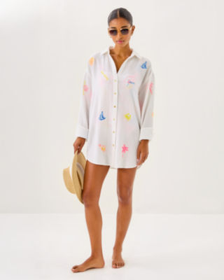 Kwitney Long Sleeve Cover-Up, Resort White Beachcomber Embroidery, large image 3