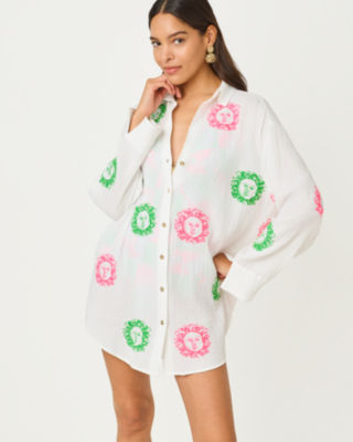 Kwitney Long Sleeve Cover-Up, Resort White Fleur De Lilly Embroidered Coverup, large