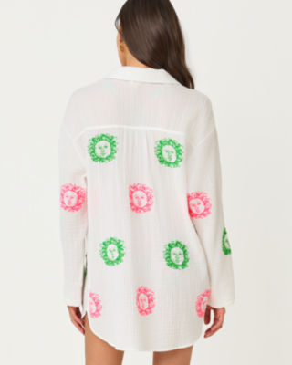 Kwitney Long Sleeve Cover-Up, Resort White Fleur De Lilly Embroidered Coverup, large image 1