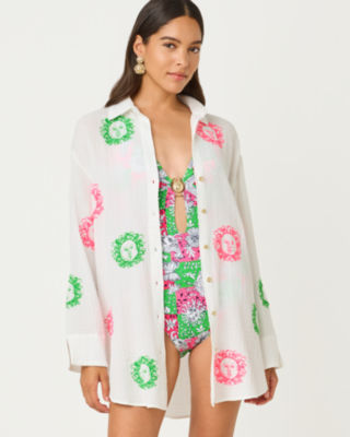Kwitney Long Sleeve Cover-Up, Resort White Fleur De Lilly Embroidered Coverup, large image 2
