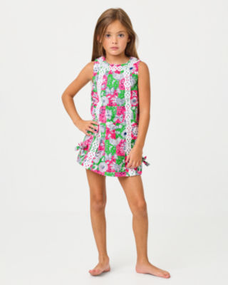 Girls Little Lilly Classic Shift Dress, Cherry Blossom Pink Lil Chicken Check, large