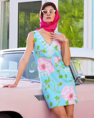 Sidonie Stretch Shift Dress, Fresh Water Blue Bursting Blooms Engineered Shift, large