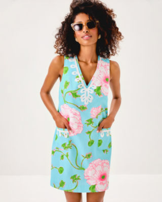 Sidonie Stretch Shift Dress, Fresh Water Blue Bursting Blooms Engineered Shift, large image 1