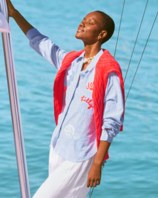 Bondi Button Down Shirt, Jacaranda Blue Beach Day Embroidered Seacret Stripe, large