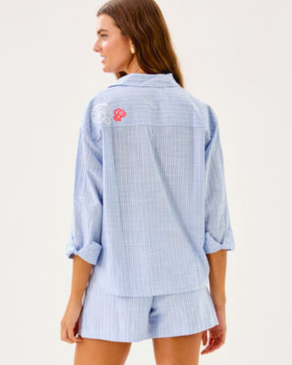 Bondi Button Down Shirt, Jacaranda Blue Beach Day Embroidered Seacret Stripe, large image 2