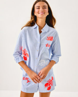Bondi Button Down Shirt, Jacaranda Blue Beach Day Embroidered Seacret Stripe, large image 3