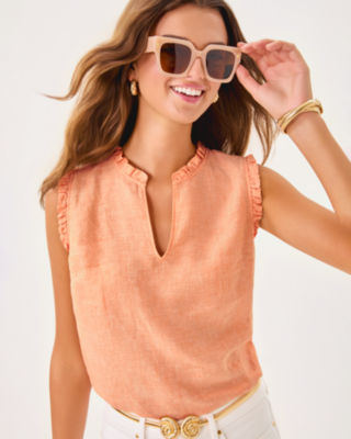 Kavalla Sleeveless Ruffle Top, Papaya X Resort White, large