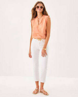 Kavalla Sleeveless Ruffle Top, Papaya X Resort White, large image 3
