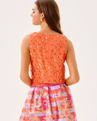 Lathan Sleeveless Beaded Cropped Top, Papaya Beaded Sequin Embellished Sequin Blend, large image 2