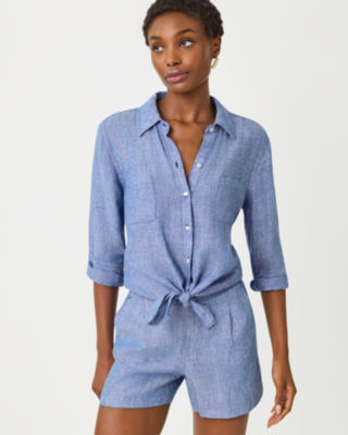 4" Captina Linen High Rise Short, Starlight Navy X Resort White, large