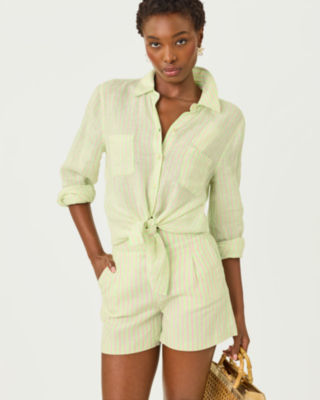 4" Captina Linen Short, Pistachio Macaron X Conch Shell Pink Saint Tropez Stripe, large