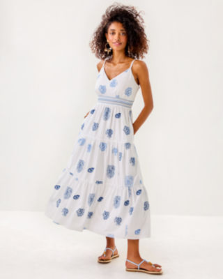 Zanna Embroidered Cotton Midi Dress, Resort White Castaway Embroidery, large image 1