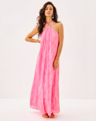 Clairabel Maxi Dress, Rousseau Pink Coral Swirl Poly Crepe, large image 1