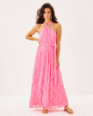 Clairabel Maxi Dress, Rousseau Pink Coral Swirl Poly Crepe, large image 3