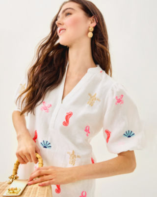 Mialeigh Linen Dress, Resort White Sea Treasure Embroidery, large image 2