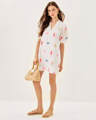 Mialeigh Linen Dress, Resort White Sea Treasure Embroidery, large image 3