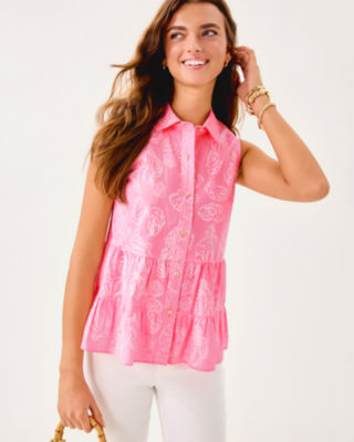 Breah Sleeveless Button Down Shirt, Rousseau Pink Cool As Shell Overprint, large image 2