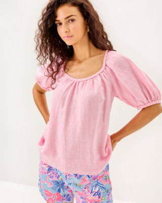 Calais Short Sleeve Top, Conch Shell Pink X Resort White, large