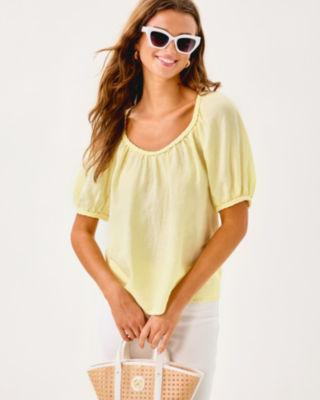 Calais Short Sleeve Top, Limoncello X Resort White, large