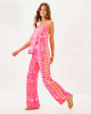 32" Vianna Silk Palazzo Pant, Sunkissed Pink Breezy Palm Engineered Pant, large image 1