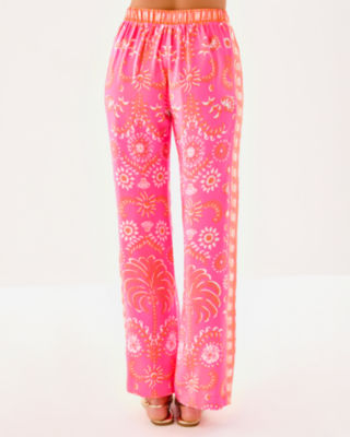 32" Vianna Silk Palazzo Pant, Sunkissed Pink Breezy Palm Engineered Pant, large image 2