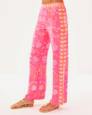 32" Vianna Silk Palazzo Pant, Sunkissed Pink Breezy Palm Engineered Pant, large image 3