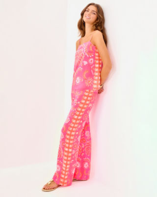 32" Vianna Silk Palazzo Pant, Sunkissed Pink Breezy Palm Engineered Pant, large image 4