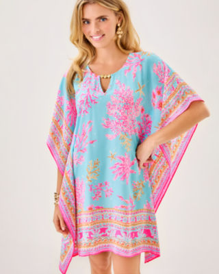 Lindamarie Silk Caftan, Multi Royal Coral Engineered Woven Caftan, large image 1