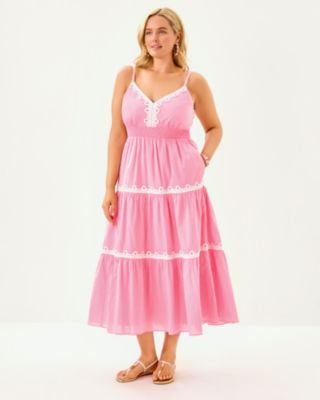 Zanna Cotton Midi Dress, Conch Shell Pink, large image 3