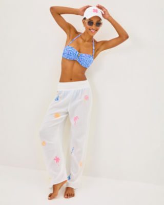 29" Enzo Embroidered Pant Cover-Up, Resort White Beachcomber Embroidery, large image 3