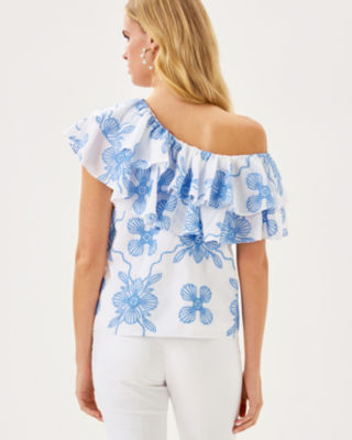 Trixie One-Shoulder Ruffle Top, Sunwashed Blue Al Fresco Dot Embroidery, large image 1