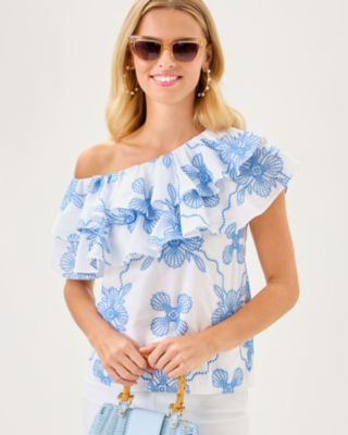 Trixie One-Shoulder Ruffle Top, Sunwashed Blue Al Fresco Dot Embroidery, large image 2