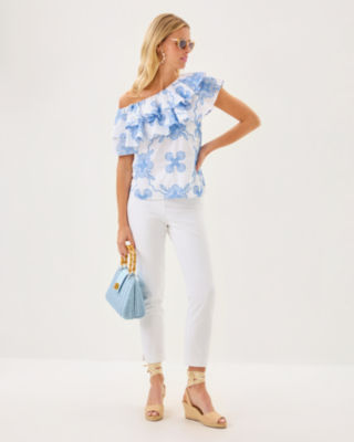 Trixie One-Shoulder Ruffle Top, Sunwashed Blue Al Fresco Dot Embroidery, large image 3