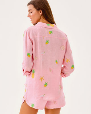Sea View Linen Button Down Top, Conch Shell Pink Happy Hour Embroidery, large image 2
