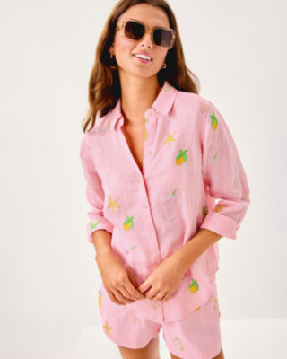 Sea View Linen Button Down Top, Conch Shell Pink Happy Hour Embroidery, large image 3