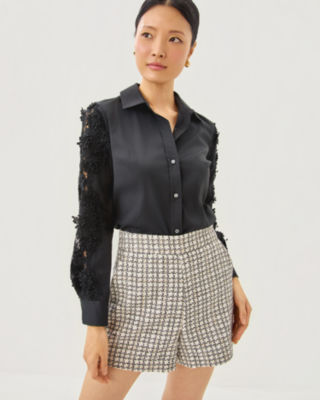 4" Sarissa High Rise Boucle Short, Coconut Lurex Houndstooth Boucle, large
