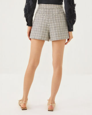 4" Sarissa High Rise Boucle Short, Coconut Lurex Houndstooth Boucle, large image 1