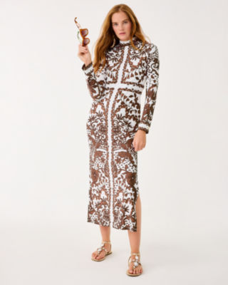 UPF 50+ Quinn Long Sleeve Maxi Dress, Beachcomber Brown Spicy Socialite Engineered Chillylilly, large image 1
