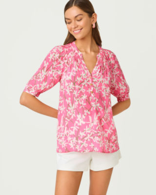 Elsa Short Sleeve Silk Top, Confetti Pink Liza, large