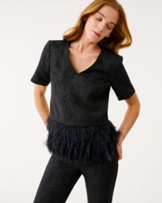 Rylan V-Neck Top, Noir Exploded Flower Stretch Jacquard, large