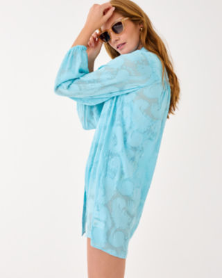Sadira Long Sleeve Cover-Up, Bellevue Blue Tangerine Dream Poly Clip, large image 2