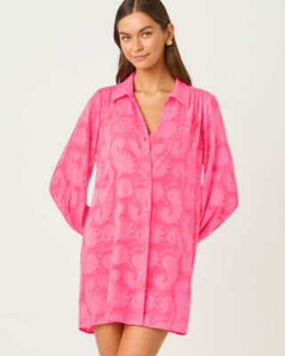 Sadira Long Sleeve Cover-Up, Cherry Blossom Pink Tangerine Dream Poly Clip Jacquard, large