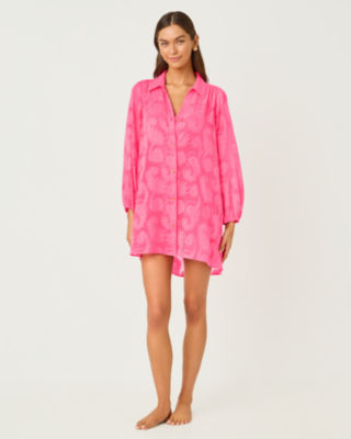 Sadira Long Sleeve Cover-Up, Cherry Blossom Pink Tangerine Dream Poly Clip Jacquard, large image 2