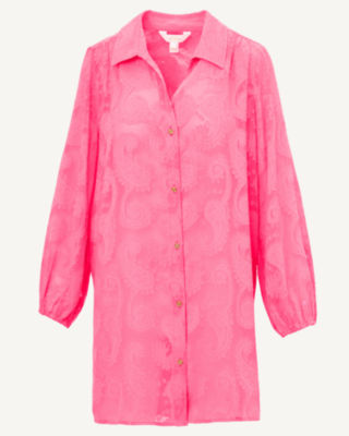 Sadira Long Sleeve Cover-Up, Cherry Blossom Pink Tangerine Dream Poly Clip Jacquard, large image 4