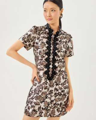 Teddy Jacquard Shift Dress, Noir Pineapple Puff Metallic Jacquard, large image 1